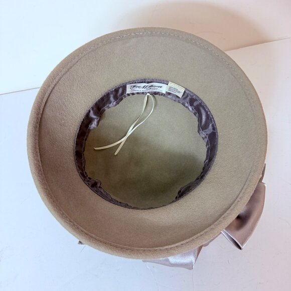 August Accessories Wool Cloche Hat Taupe Luxe Satin Sequin Beaded Bow Church - Picture 10 of 14